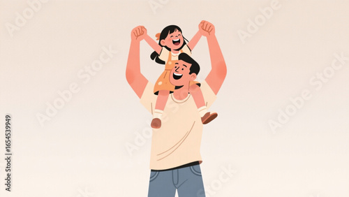 Flat vector illustration of dad holding daughter on his shoulders, clean background.