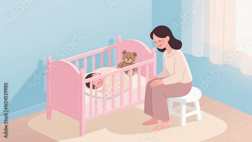 Flat vector of a cozy baby room with crib and toys, clean background.
