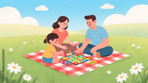 Flat vector design of kids and parents playing board games, clean background.