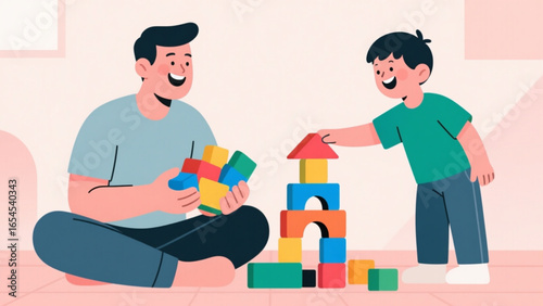 Father and son playing with colorful building blocks together in living room, creating a tower and enjoying quality time, depicting a loving and playful family moment.