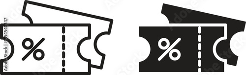 Two discount coupons with percentage symbol, stacked. Line art and solid black versions. Isolated on white.