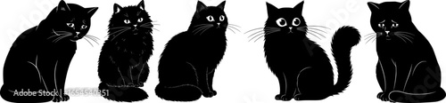 Elegant black cats siting gracefully in row with bright eyes and curved tails creating sophisticated feline lineup