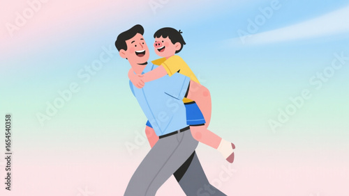 Happy father giving his son a piggyback ride outdoors on a sunny day, creating a joyful and loving moment between parent and child.