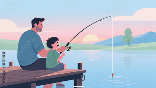 Father and son fishing together from wooden pier on calm lake at sunset, creating a heartwarming family moment in nature.