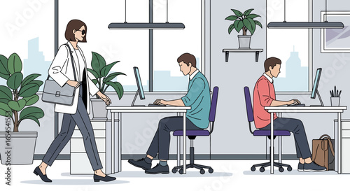 Stylish professional strides confidently through a modern office workspace