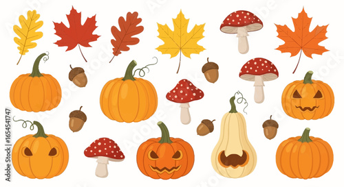 Autumn Halloween and Harvest Elements with Pumpkins, Mushrooms, and Leaves