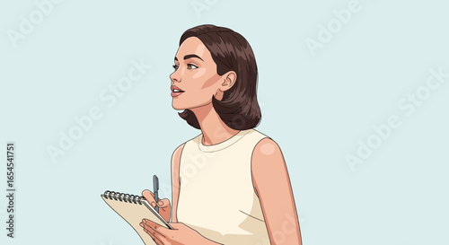 Thoughtful woman writing or drawing in her notebook with a pen isolated