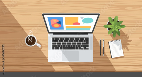 Top-View Illustration of a Workspace with Laptop and Coffee on Desk