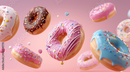 Flying Donuts, Multicolored Doughnuts with Sprinkles Floating on Pink Background, Mix of Multicolored Doughnuts with Sprinkles. Fun Sweet Design on Pink Background. Creative Dessert Art on Pastel Pink