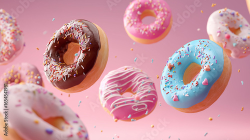 Flying Donuts, Multicolored Doughnuts with Sprinkles Floating on Pink Background, Mix of Multicolored Doughnuts with Sprinkles. Fun Sweet Design on Pink Background. Creative Dessert Art on Pastel Pink