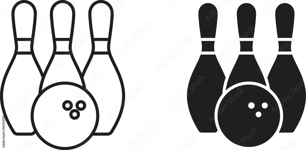 Αυτοκόλλητο Line art and solid black icons of bowling pins and ball