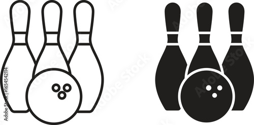 Line art and solid black icons of bowling pins and ball. Perfect for game, sport, or leisure designs.