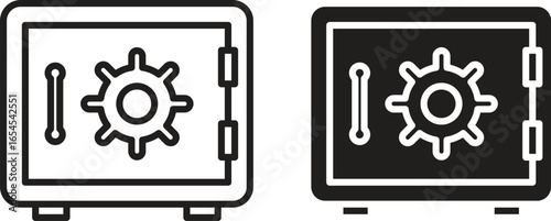 Line art illustration of a safe with a gear icon, representing security and protection. Two variations included.