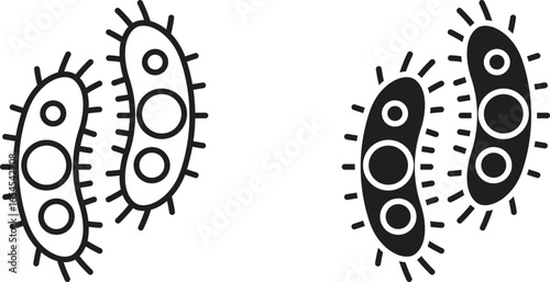 Illustration of four bacteria icons, two in line art and two filled, isolated on white.