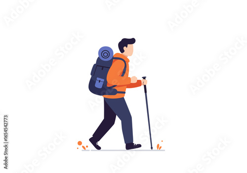 Hiking Man with Backpack and Trekking Pole.