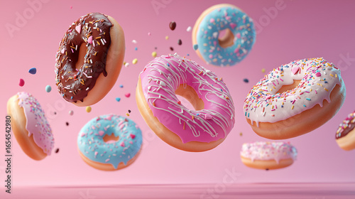 Flying Donuts, Multicolored Doughnuts with Sprinkles Floating on Pink Background, Mix of Multicolored Doughnuts with Sprinkles. Fun Sweet Design on Pink Background. Creative Dessert Art on Pastel Pink