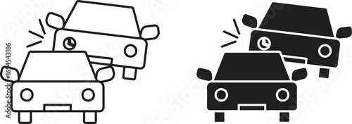 Simple line art and solid black illustration of two cars colliding. Isolated on white.