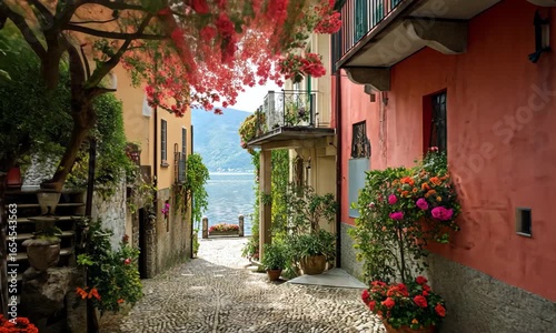 Romantic Italian Lake Como cobblestone street with colorful flowers and traditional architecture views