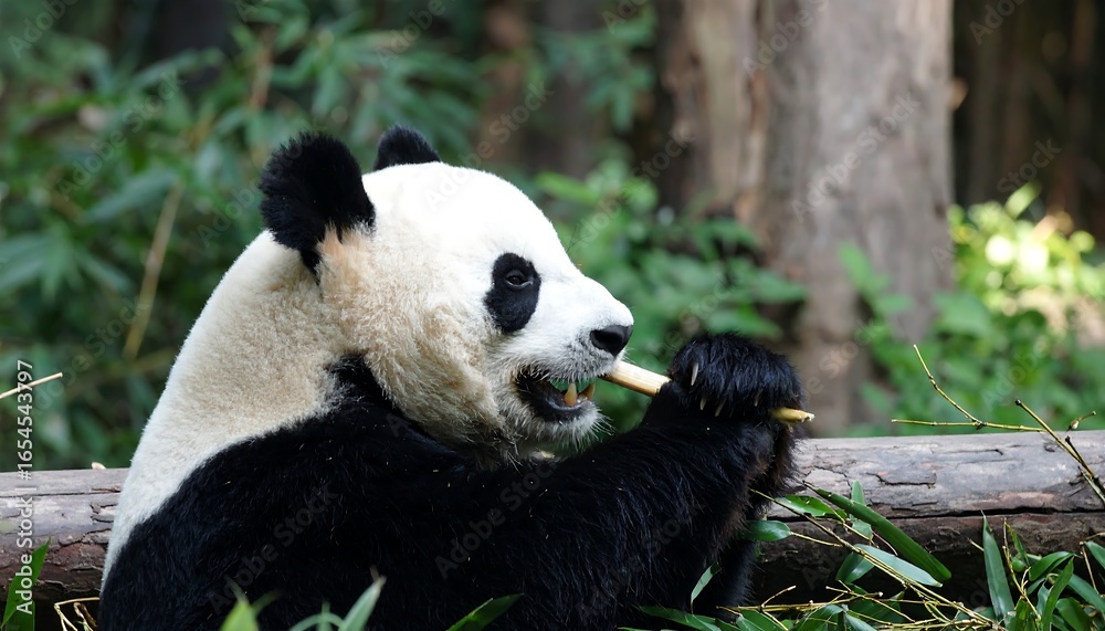 Fototapeta premium Panda eating bamboo in a forest