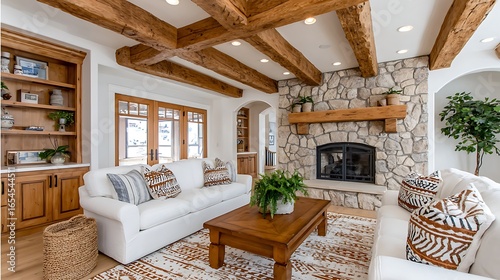 Elegant Rustic Living Room with Exposed Beams and Stone Fireplace