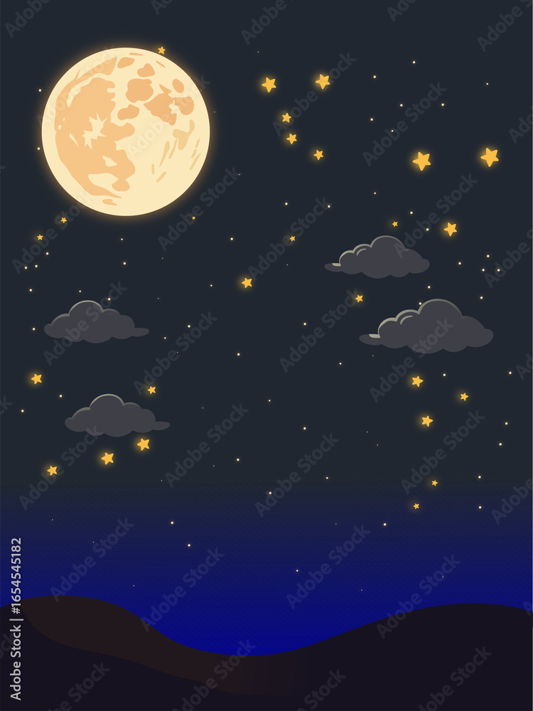 Naklejka premium Illustration of a glowing full moon with stars and clouds in a dark night sky, serene and dreamy landscape with soft light and cosmic atmosphere.