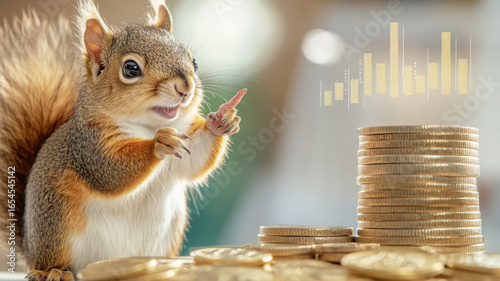 Confident squirrel in a blazer presents financial data with a floating bar chart