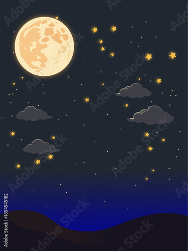 Wallpaper Mural Illustration of a glowing full moon with stars and clouds in a dark night sky, serene and dreamy landscape with soft light and cosmic atmosphere. Torontodigital.ca
