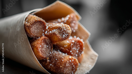 Close up of churros in a paper cone with sugar and cinnamon on a blurred background