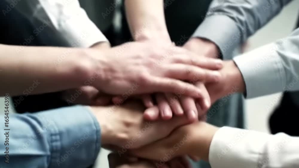 custom made wallpaper toronto digitalCloseup of a diverse group of people stacking their hands in the center, symbolizing unity, teamwork, and shared commitment to achieving a common goal in a professional setting 4k video
