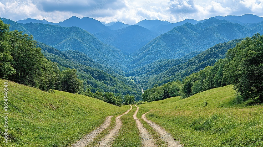 Fototapeta premium Dirt road leads through a valley with mountains and green trees.