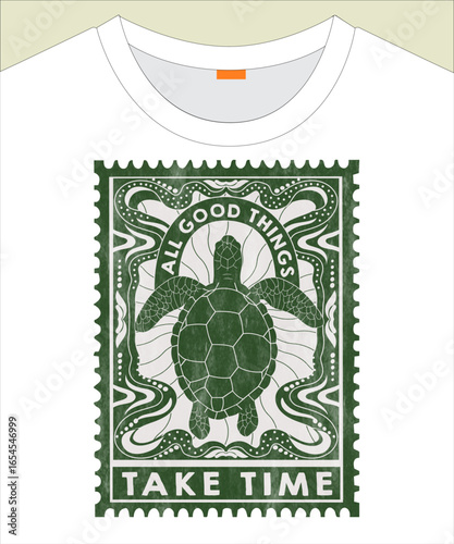 Vintage turtle postage stamp graphic print for textile, poster, card or any design with message, slogan.