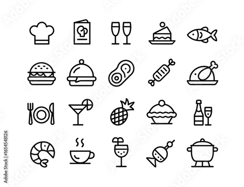 Collection of black and white line art icons representing food and drink items vector