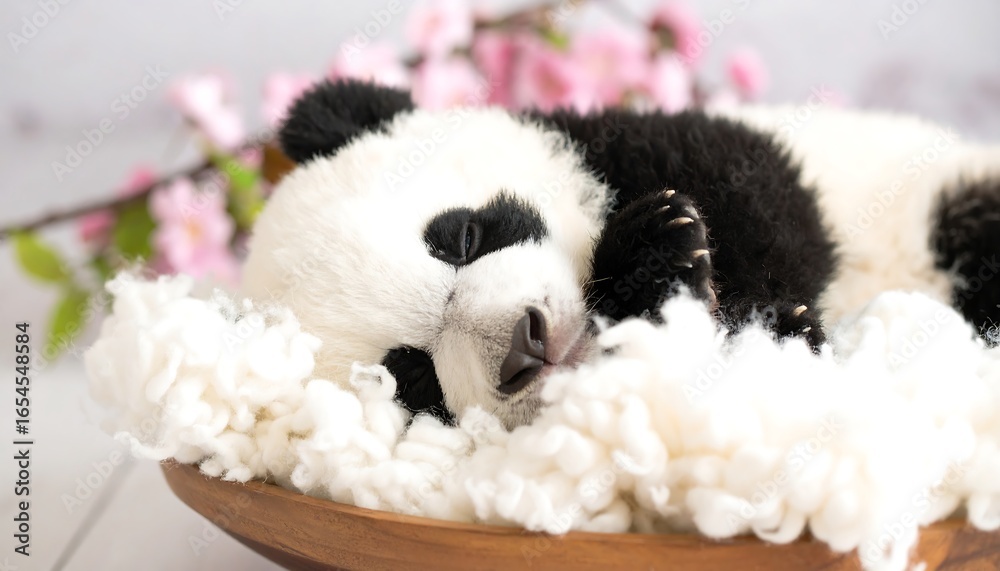 Obraz premium A sweet, fluffy baby panda rests peacefully nestled amongst soft, white fluff.