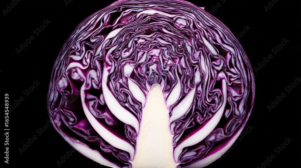Obraz premium Vibrant Cross Section of a Red Cabbage Head Displaying Intricate Layers and Texture Against Black Backdrop