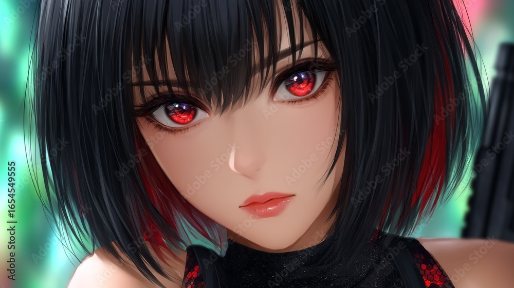 Fototapeta premium Close up portrait of a woman with striking red eyes and black hair featuring red streaks against a blurred background