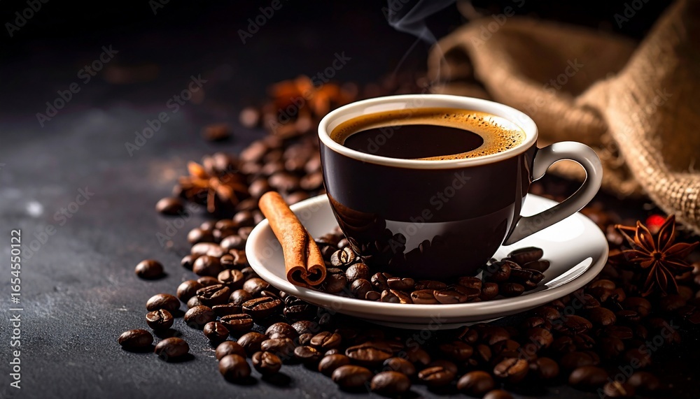 Aromatic coffee cup with cinnamon and coffee beans arrangement on a dark background Aromatic coffee cup with cinnamon and coffee beans arrangement on a dark background