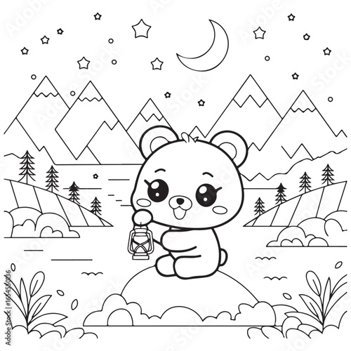 Cozy Routine, cute Kawaii Bear, coloring
pages with Black and white vector
illustration For Adults & Kids