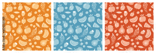 Set of Berries and Fruits Vector Seamless Patterns. Summer Fruit Background - Yellow, Blue, Red Colors. Vector Illustration