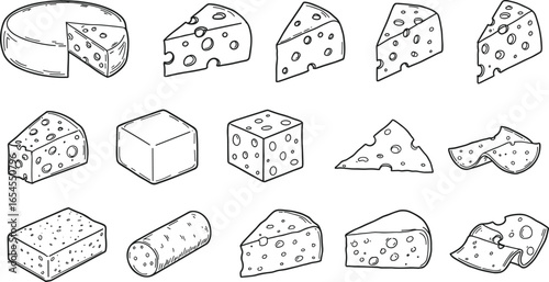 Cheese icons set, various types and shapes, wedges, blocks, slices, rounds, dairy product, food, culinary vector illustration