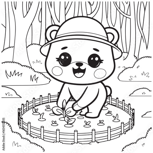 Cozy Routine, cute Kawaii Bear, coloring
pages with Black and white vector
illustration For Adults & Kids