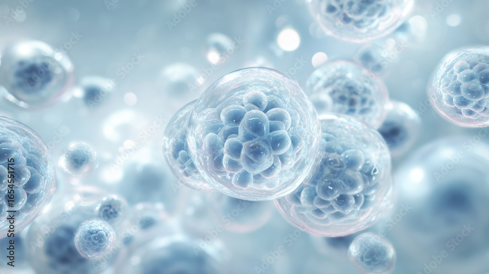 custom made wallpaper toronto digitalIllustration of hyaluronic acid molecules swelling inside skin, light blue transparent spheres, 