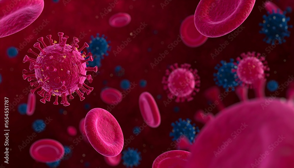 Obraz premium Microscopic view of viruses and blood cells