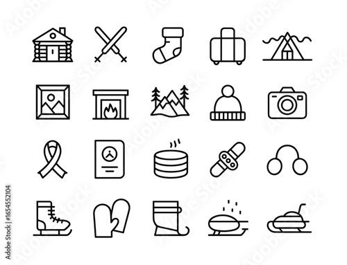 Collection of winter and travel line art icons on a white background vector