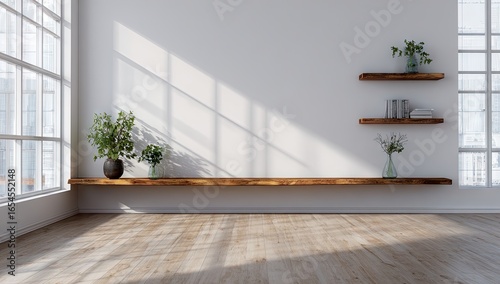A minimalist, sunlit interior space featuring a long, wooden shelf, and floating shelves against a white wall