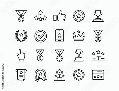 Set of 20 black and white line art icons representing awards achievements and recognition medal trophy