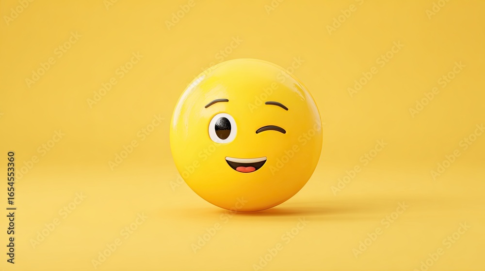 Fototapeta premium Yellow background with 3d emoji face showing wink and smile expression in playful minimal style