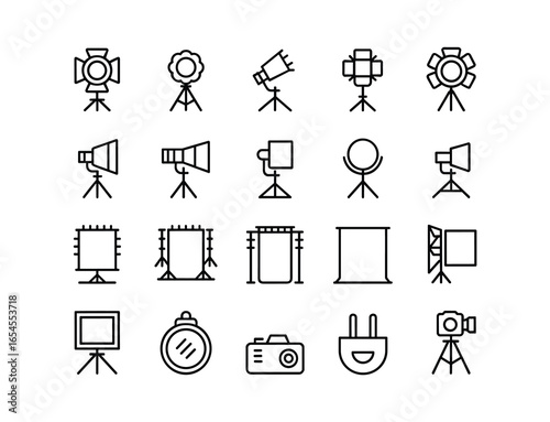 Set of 20 minimalist black line art icons for photography studio equipment on a white background lighting