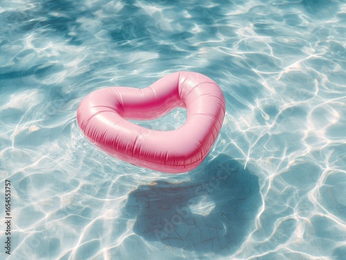 Heart-shaped inflatable pool toy floats gently on rippled pool water