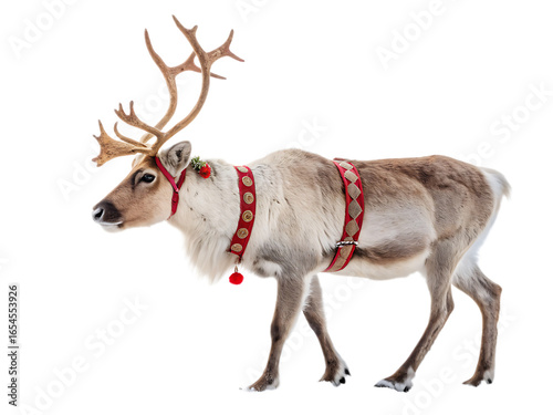 A reindeer with large antlers wearing a red harness standing against a black isolated background image