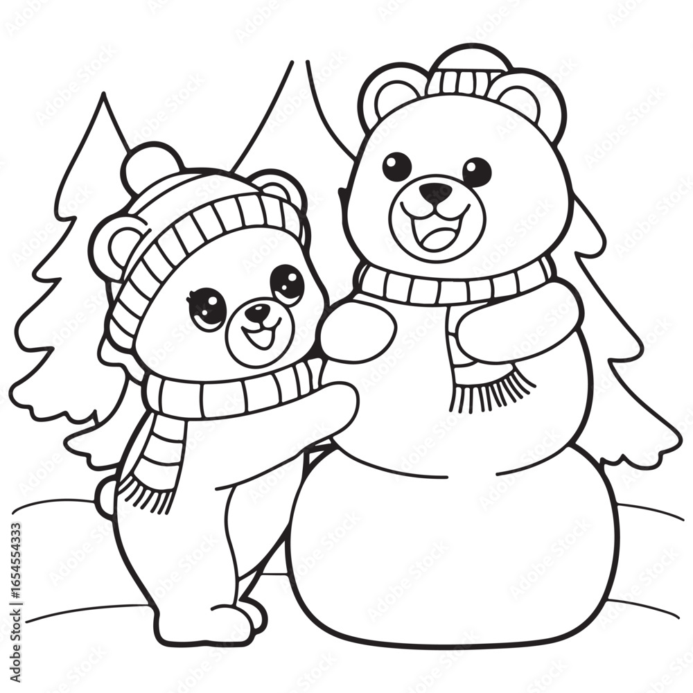 Fototapeta premium Cozy Routine, cute Kawaii Bear, coloring pages with Black and white vector illustration For Adults & Kids